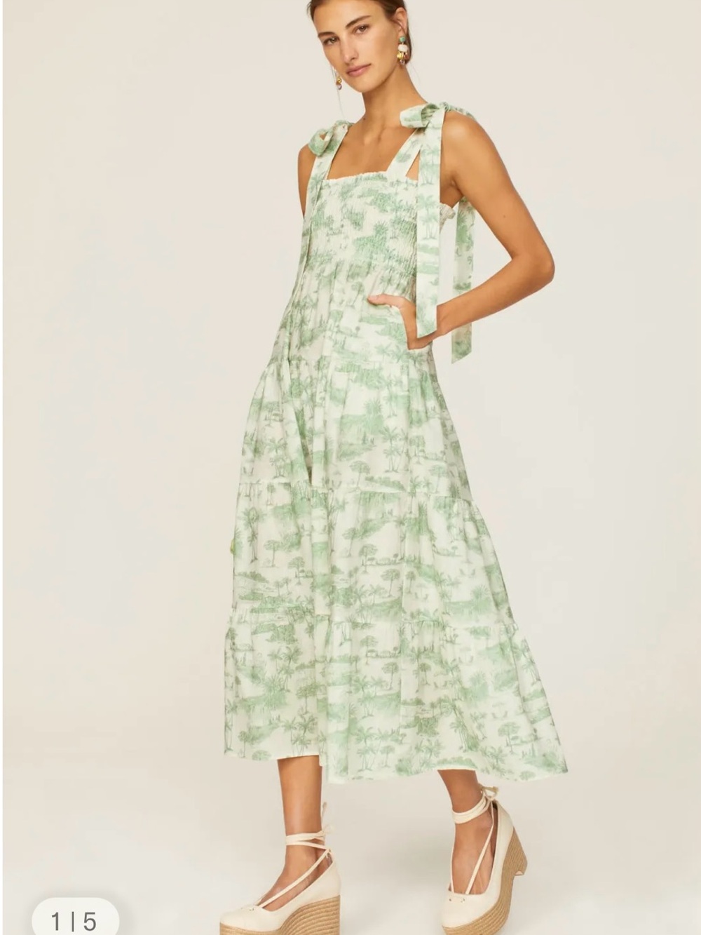 Tie-Shoulder Green Toile Midi Dress